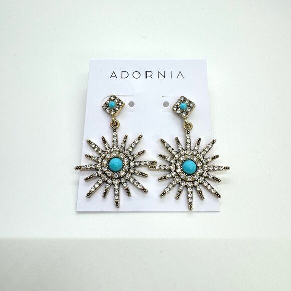 NEW Adornia Turquoise Swarovski Crystals Starburst Earrings 14K Gold Plated - Picture 1 of 5